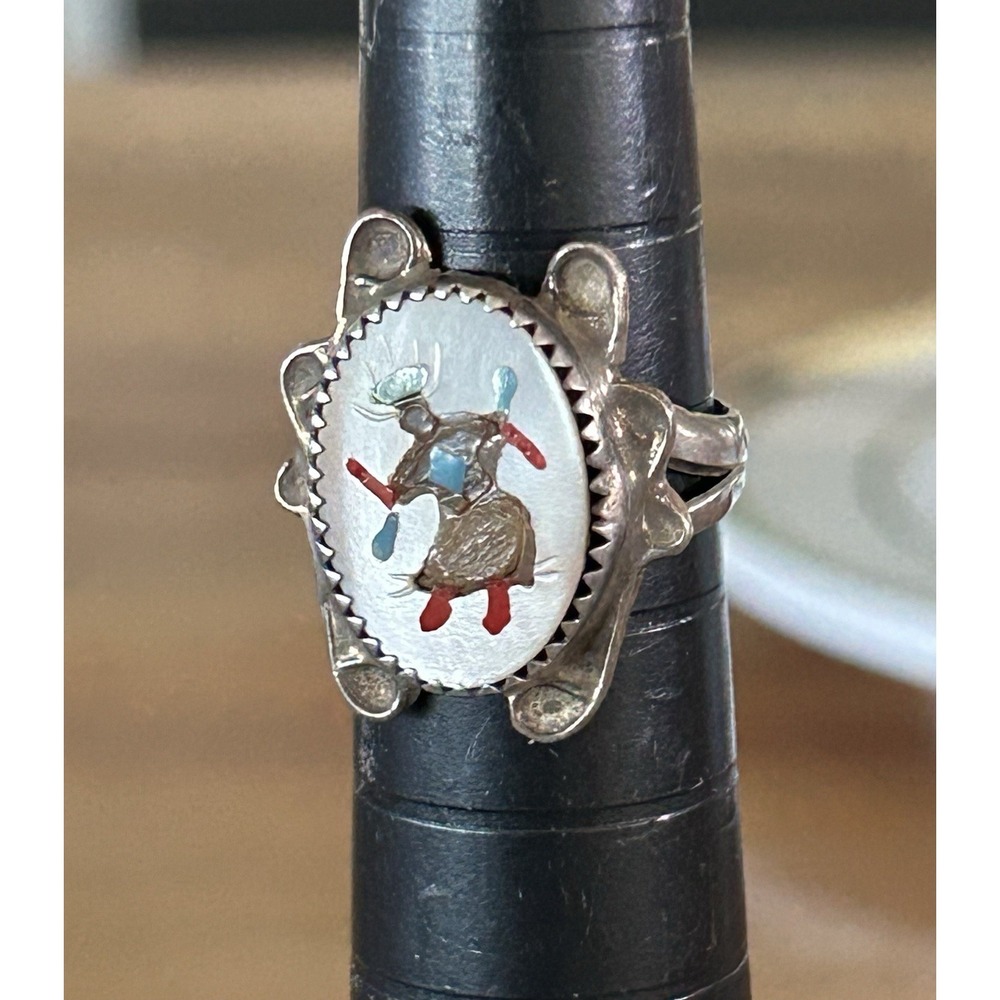 Signed Bear Paw Sterling Silver Inlay Zuni Kachina Dancer Ring Size 7